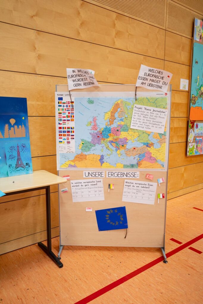 Europakarte mit Umfrageergebnissen der Schüler zu Reisezielen und Essen in Europa